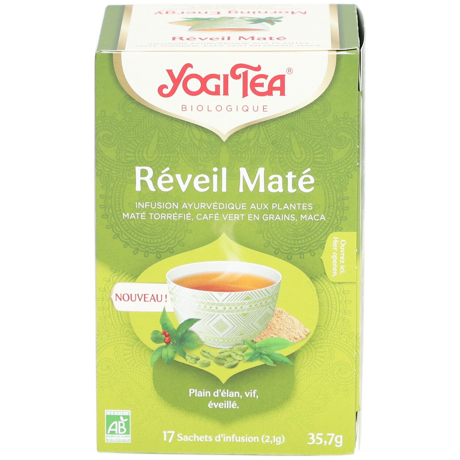 Boîte verte Yogi Tea Réveil Maté. Inscription: 17 sachets, 35,7g, label bio, label AB. Illustration d'une tasse de thé.