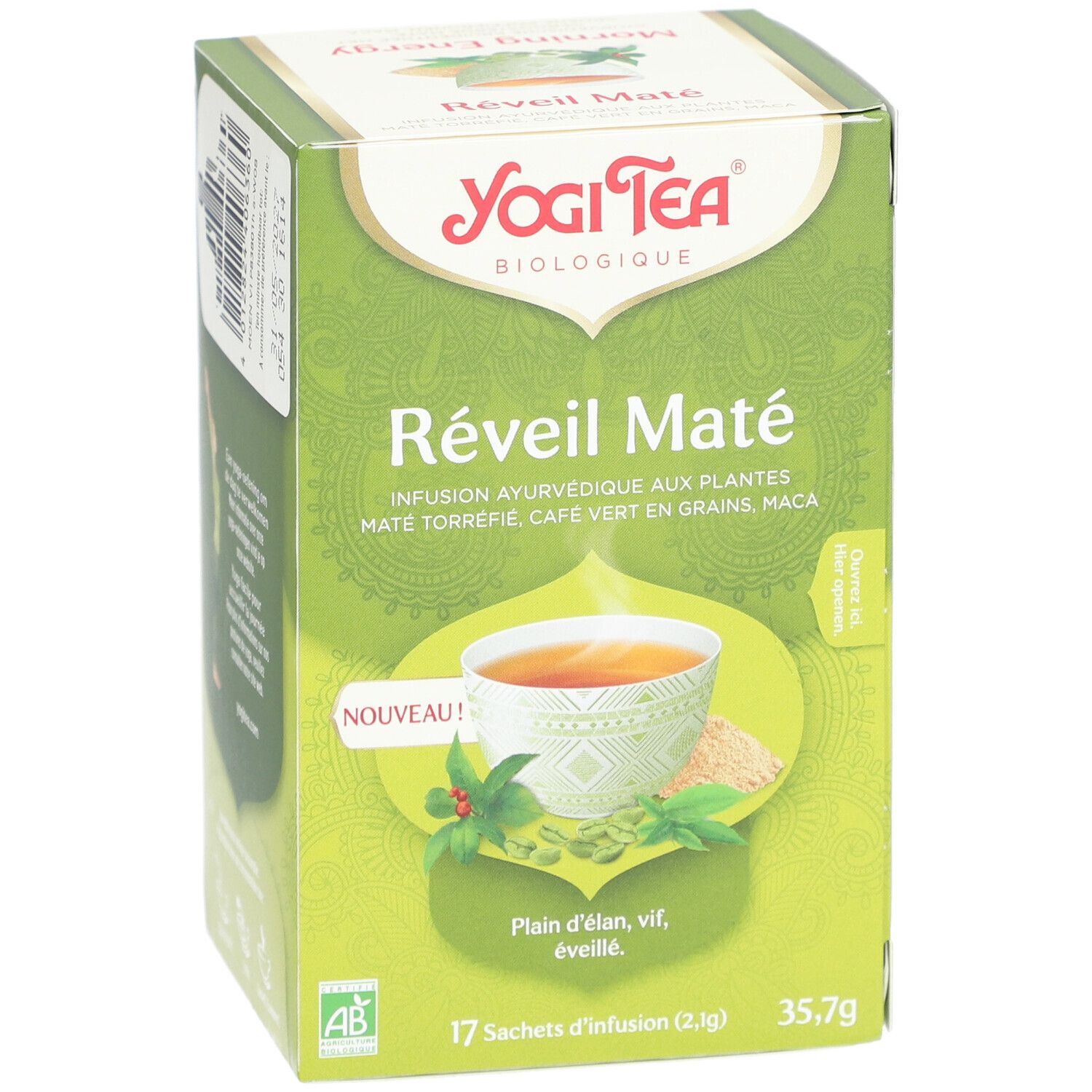 Boîte verte Yogi Tea Réveil Maté. Inscription: 17 sachets, 35,7g, label bio, label AB. Illustration d'une tasse de thé.