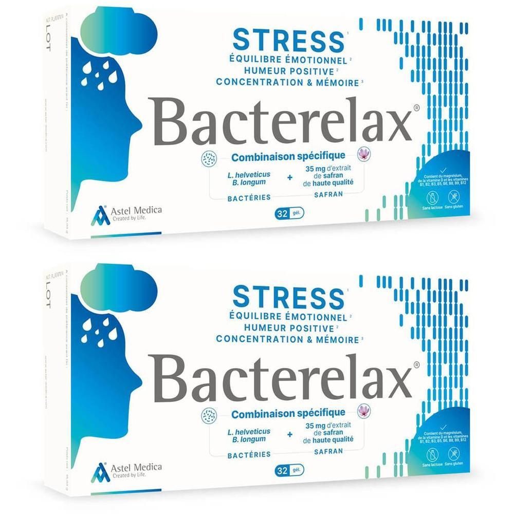 Deux boîtes de Bacterelax Stress avec informations sur l'équilibre émotionnel et la concentration.