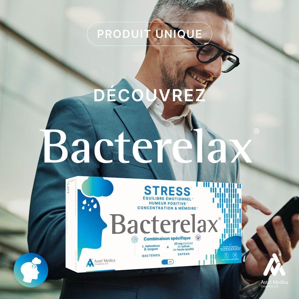 Boîte de Bacterelax Stress avec une silhouette de tête stylisée et des informations sur la gestion du stress.