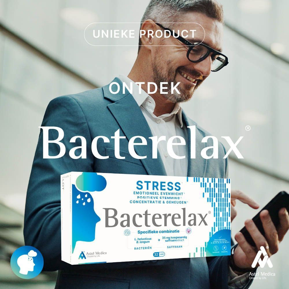 Verpakking Bacterelax Stress met gestileerde hoofdsilhouet en informatie over stressmanagement.