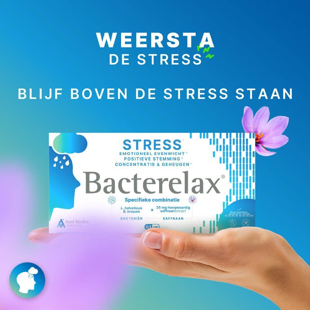 Verpakking Bacterelax Stress op houten standaard, met pijlen naar emotioneel evenwicht en concentratie.