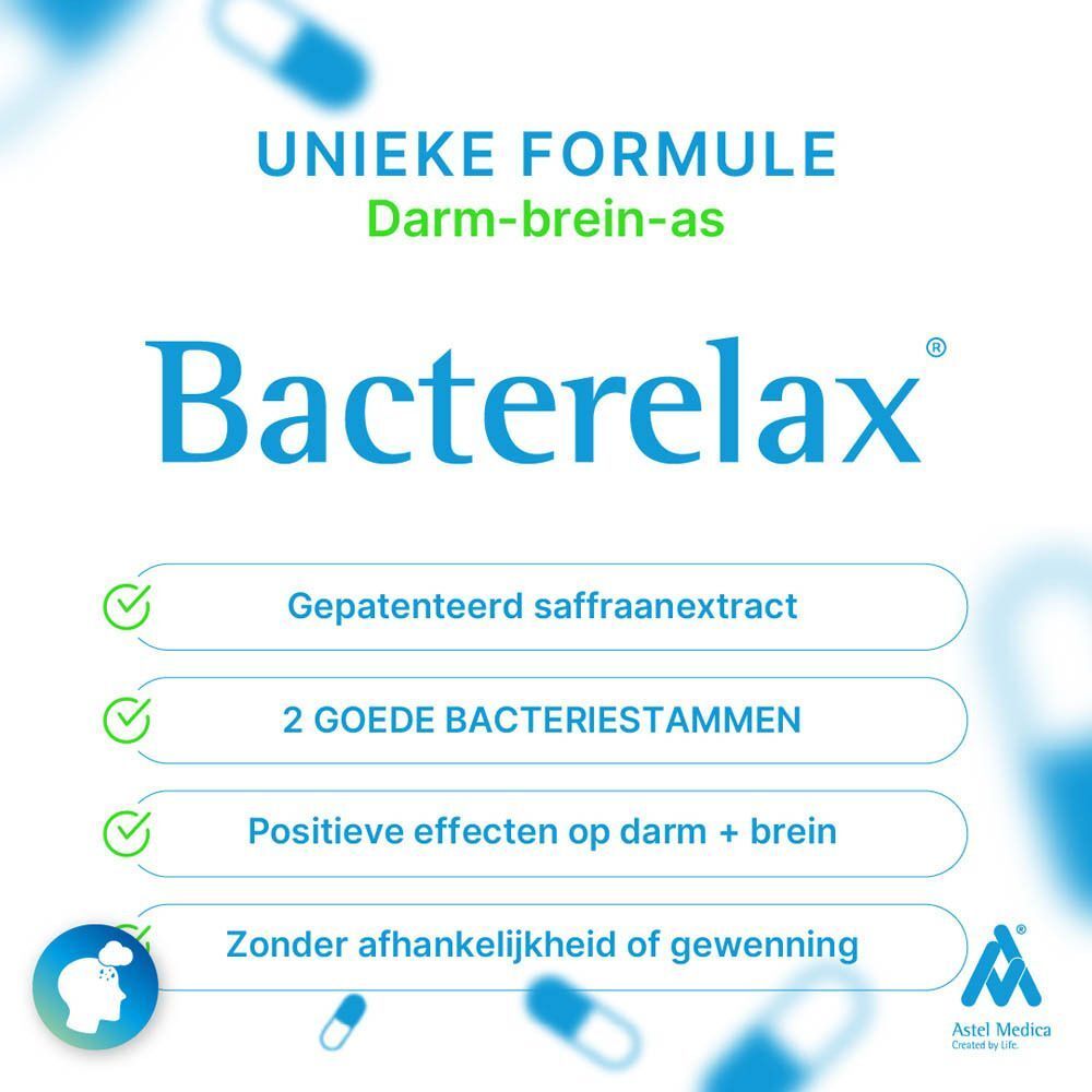 Hand die verpakking Bacterelax Stress vasthoudt, met saffraanbloem en tekst 'Weersta de stress'.