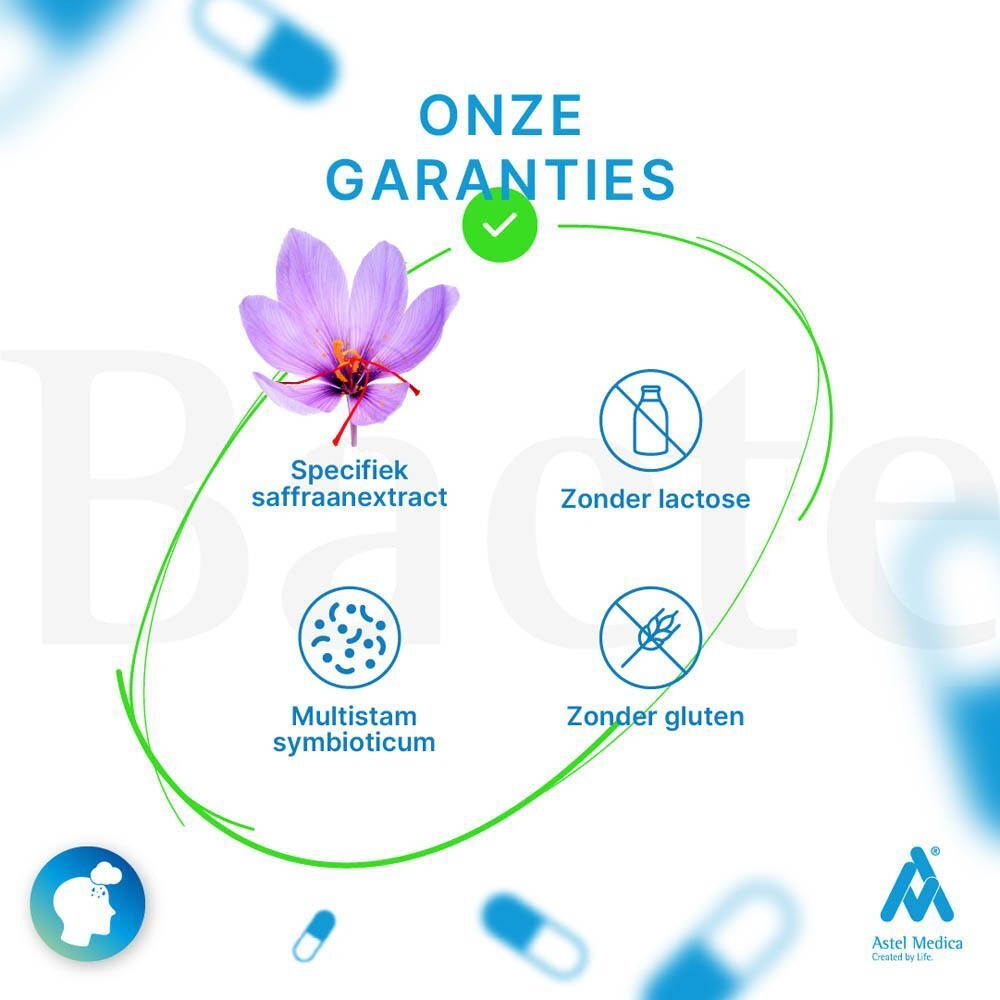 Verpakking Bacterelax Stress met lijst van voordelen zoals 'Gepatenteerd saffraanextract' en '2 goede bacteriënstammen'.