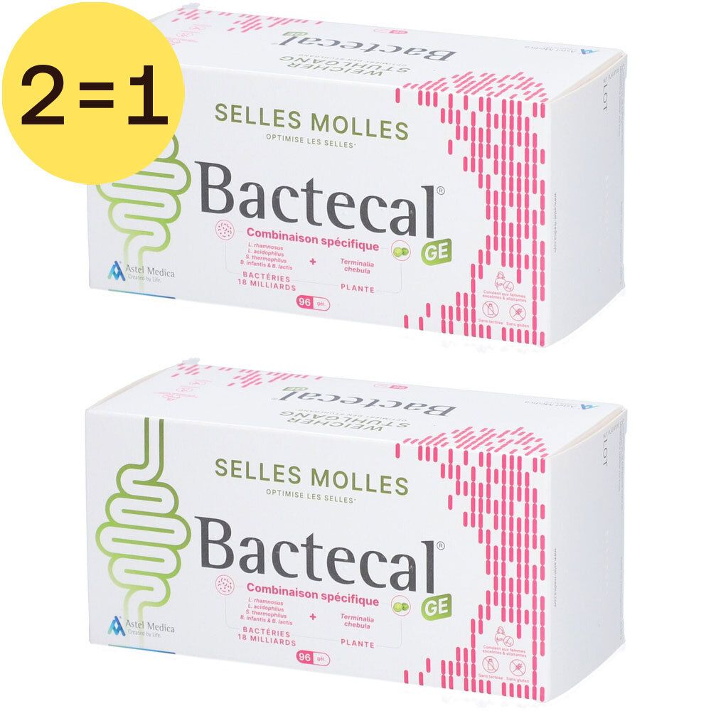 Deux boîtes blanches Bactecal® GE. Inscription : Combinaison, 10 milliards de bactéries. 1+1 gratuit.