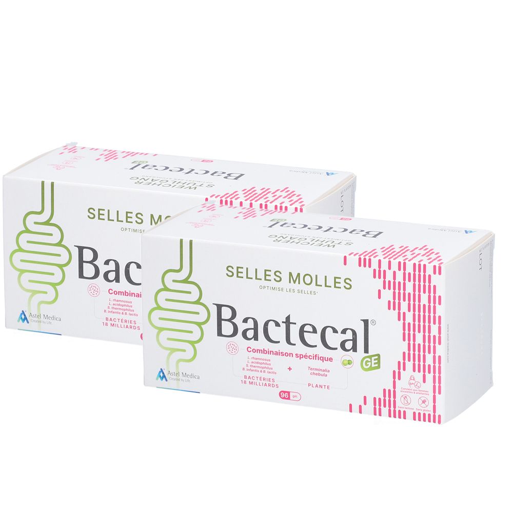 Deux boîtes blanches Bactecal® GE. Inscription : Combinaison, 10 milliards de bactéries.