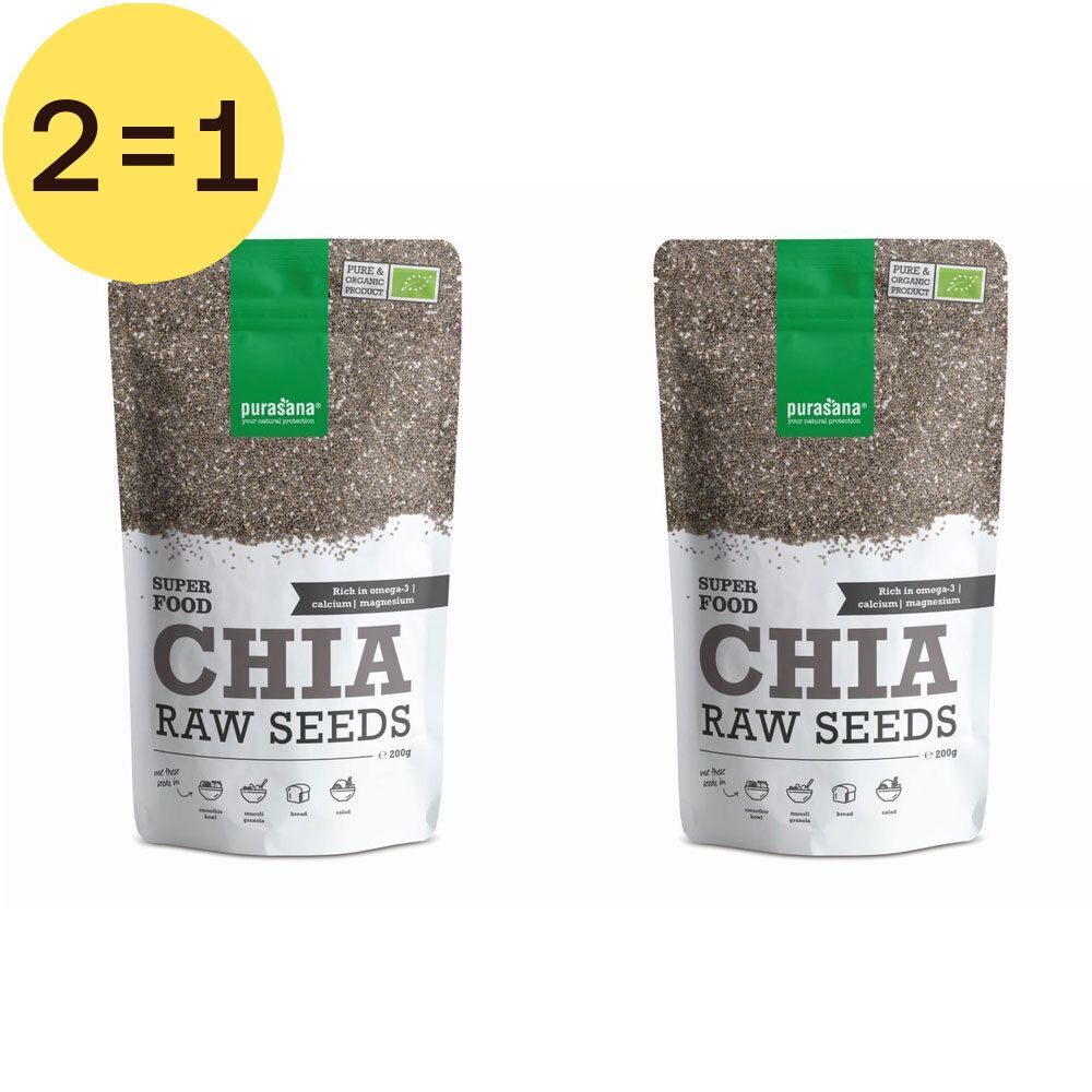 Zwei Beutel Chia-Samen, Marke Purasana. Aufschrift "Chia Raw Seeds". Gelbes Etikett mit "2=1".
