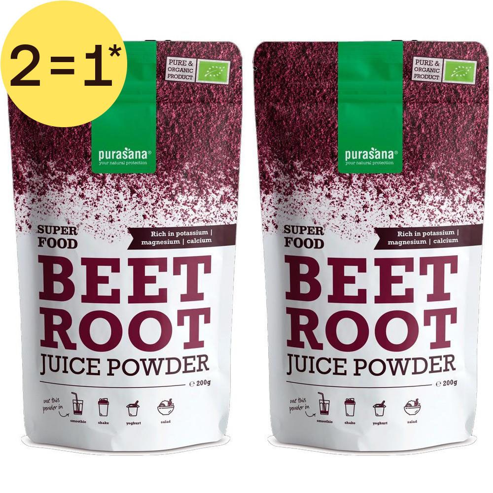 Zwei Beutel Purasana Rote-Bete-Saftpulver, Superfood. Bio-Siegel sichtbar.