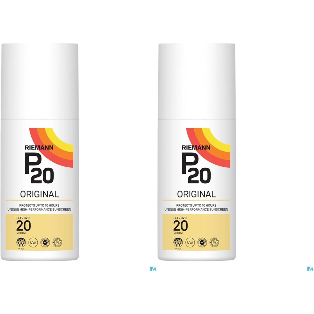 Zwei weiße Sprühflaschen mit gelbem Etikett. Aufschrift: P20 Original, SPF 20. Marke: Riemann.