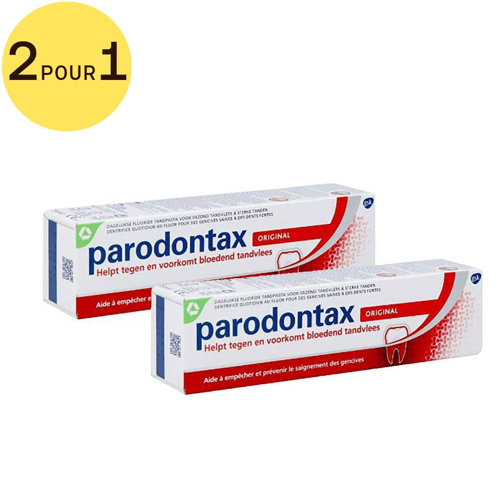 Deux boîtes de dentifrice Parodontax Original. Emballage rouge et blanc avec nom et logo du produit. Cercle jaune avec "2 pour 1".
