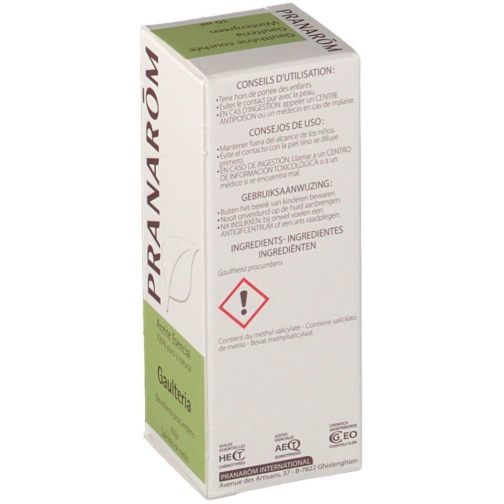 Rückseite einer Verpackung für ätherisches Wintergrünöl von PRANAROM mit Anwendungshinweisen.