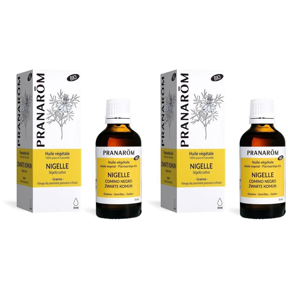 Quatre flacons et emballages Nigelle. Inscription: PRANAROM, BIO. Offre 1+1.