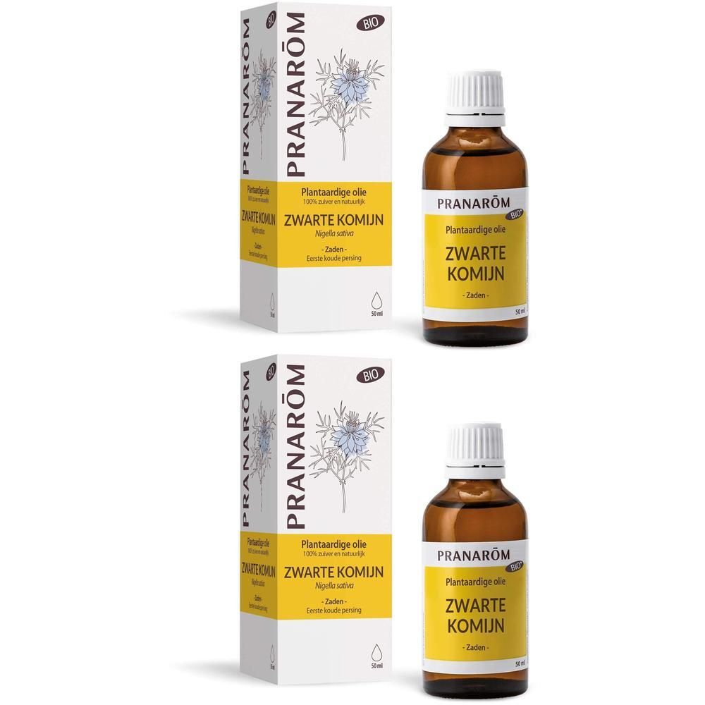 Vier flessen en verpakkingen Nigelle. Opschrift: PRANAROM, BIO. 1+1 aanbieding.