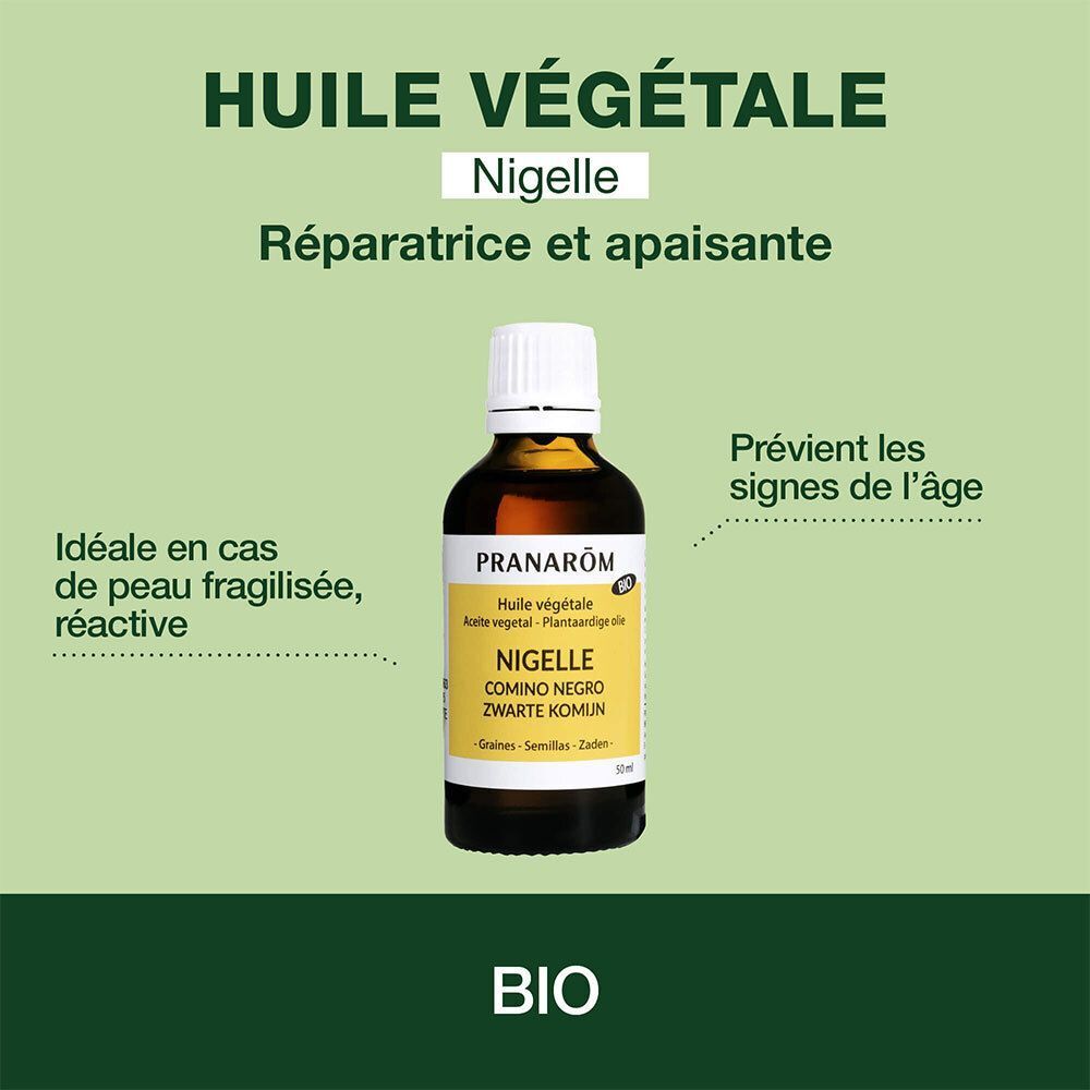 Flacon Nigelle avec texte: PRANAROM, BIO. Texte: Huile végétale, Nigelle, Comino negro.