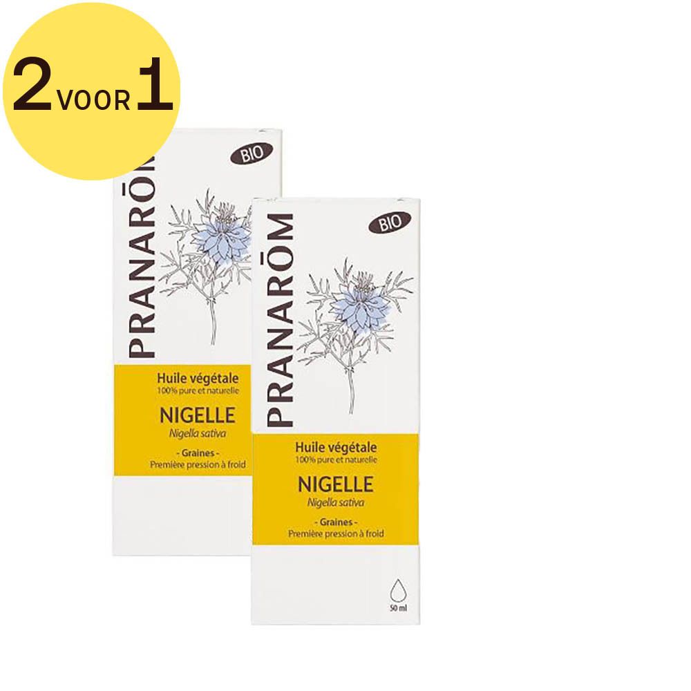 Twee verpakkingen Nigelle. Opschrift: PRANAROM, BIO. 2 voor 1 aanbieding.