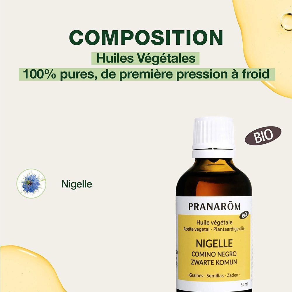 Flacon Nigelle avec texte: PRANAROM, BIO. Texte: Huiles végétales, Nigelle, Comino negro.