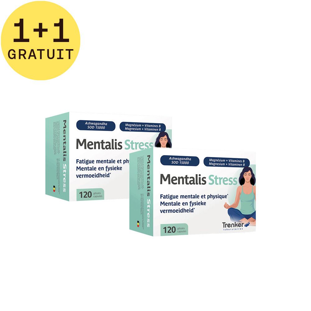 Deux boîtes Mentalis Stress, 1+1 gratuit. Inscription : Fatigue mentale et physique, 120 comprimés. Avec Ashwagandha, magnésium, vitamine B.