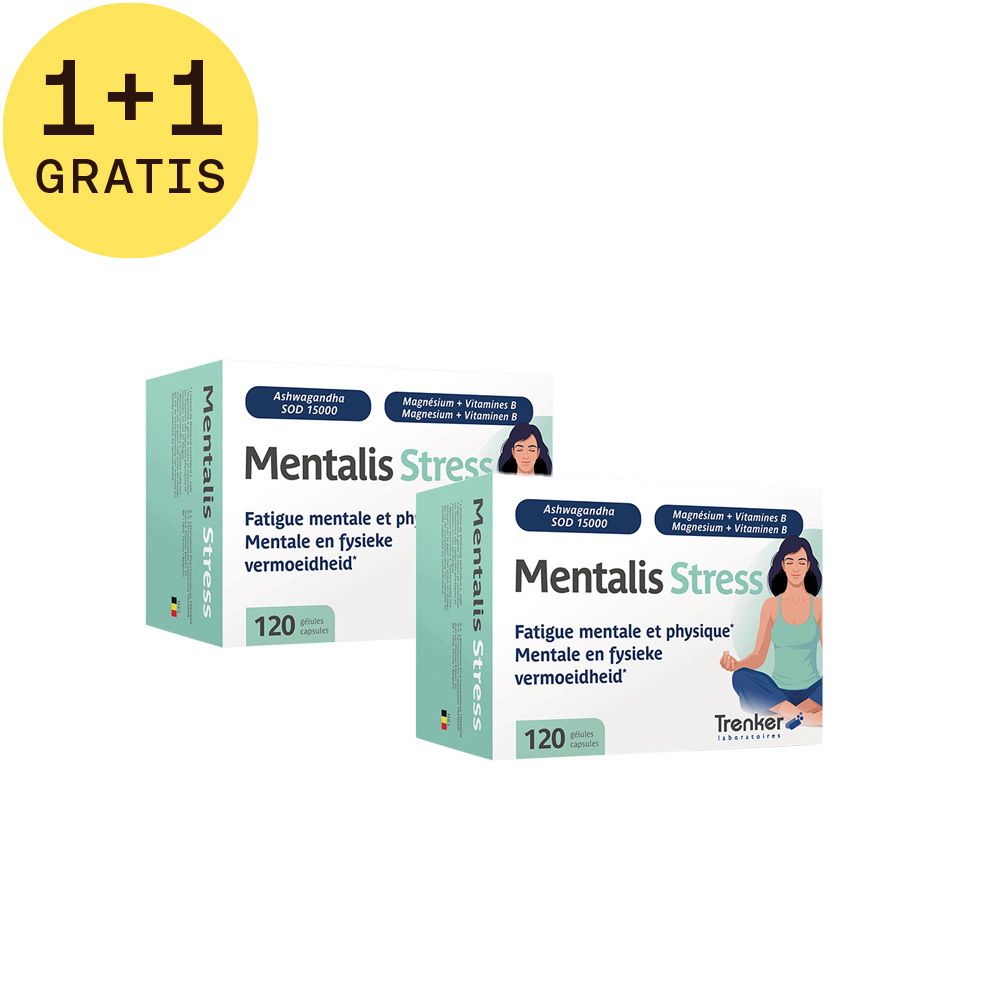 Twee dozen Mentalis Stress, 1+1 gratis. Opschrift: Fatigue mentale et physique, 120 tabletten. Met Ashwagandha, magnesium, vitamine B.