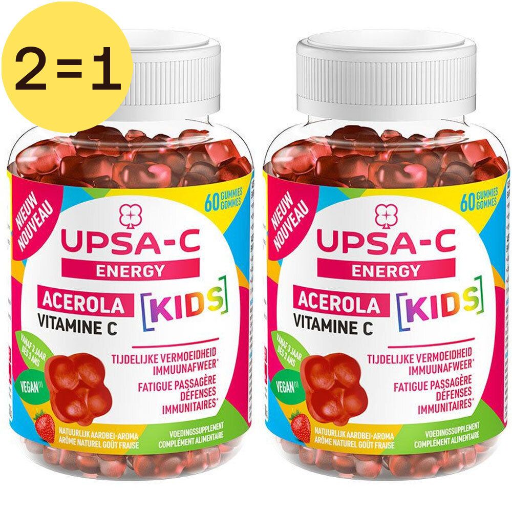 Deux flacons UPSA-C Energy Acerola Kids. Inscription : Acerola, Vitamine C, Kids. 1+1 gratuit.