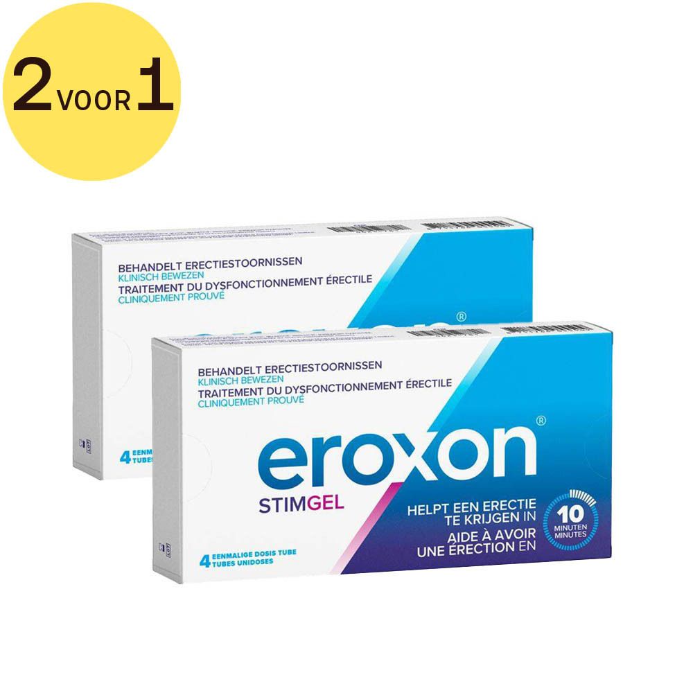 Twee dozen met wit-blauwe verpakking. Opschrift: Eroxon Stimgel. Tekst in het Duits, Frans en Nederlands. 10 minuten.