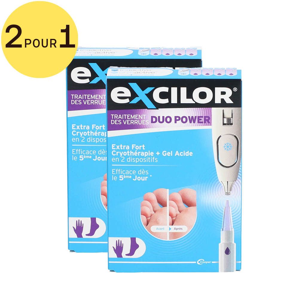 Deux boîtes Excilor® Duo Power. Emballage bleu avec image et texte. Cercle jaune: 2 pour 1.