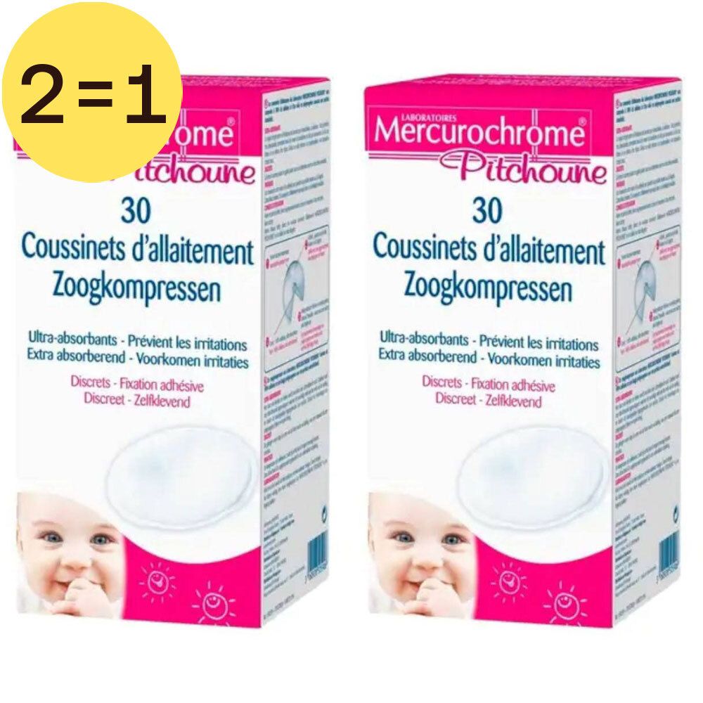 Zwei Packungen mit je 30 Mercurochrome Stillkissen. Ultra-absorbierend, reizvermeidend, diskret.