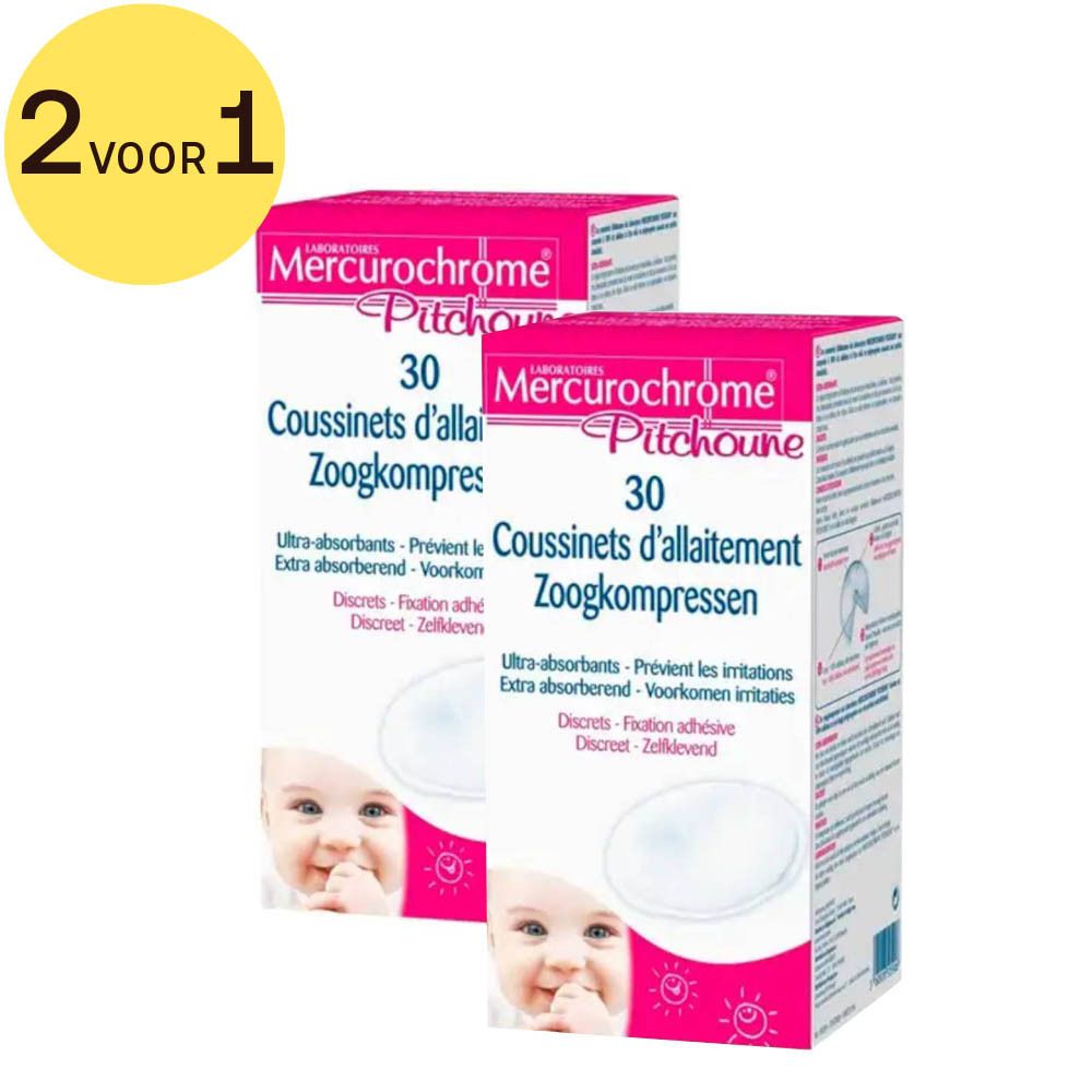 Twee pakken van 30 Mercuruchrome Pitchoune zoogkompressen. Ultra-absorberend, discreet, met zelfklevende fixatie.