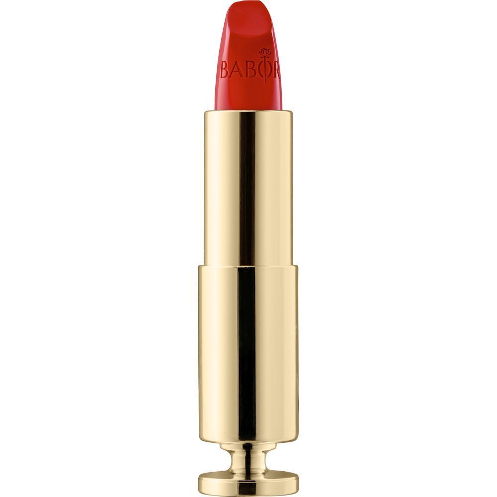 Roter Lippenstift in goldener Hülse. Marke Babor sichtbar. Aufschrift 'BABOR' auf dem Lippenstift.
