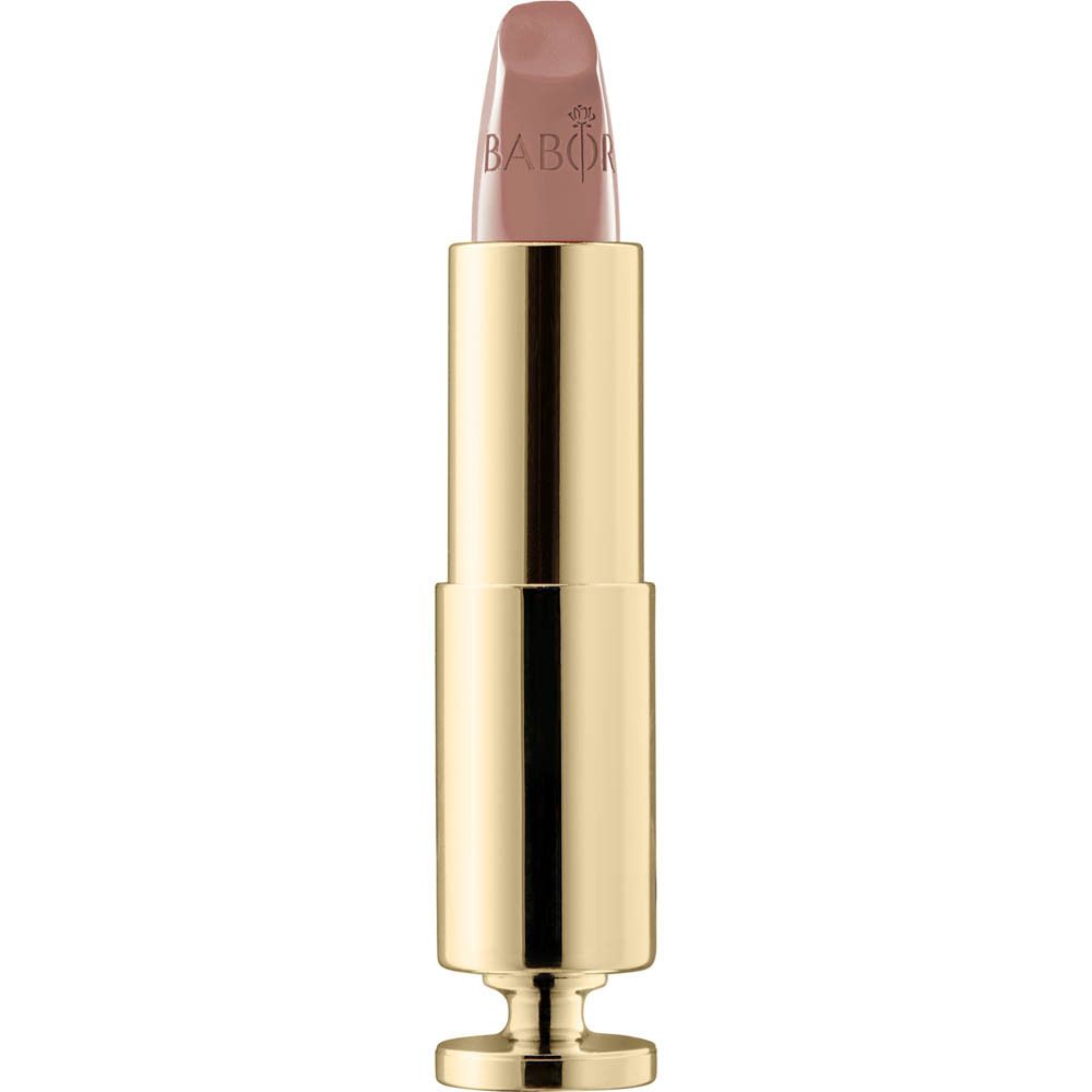 Goldfarbener Lippenstift mit beigefarbener Spitze. Der Lippenstift hat eine goldfarbene Hülse und einen goldfarbenen Deckel.