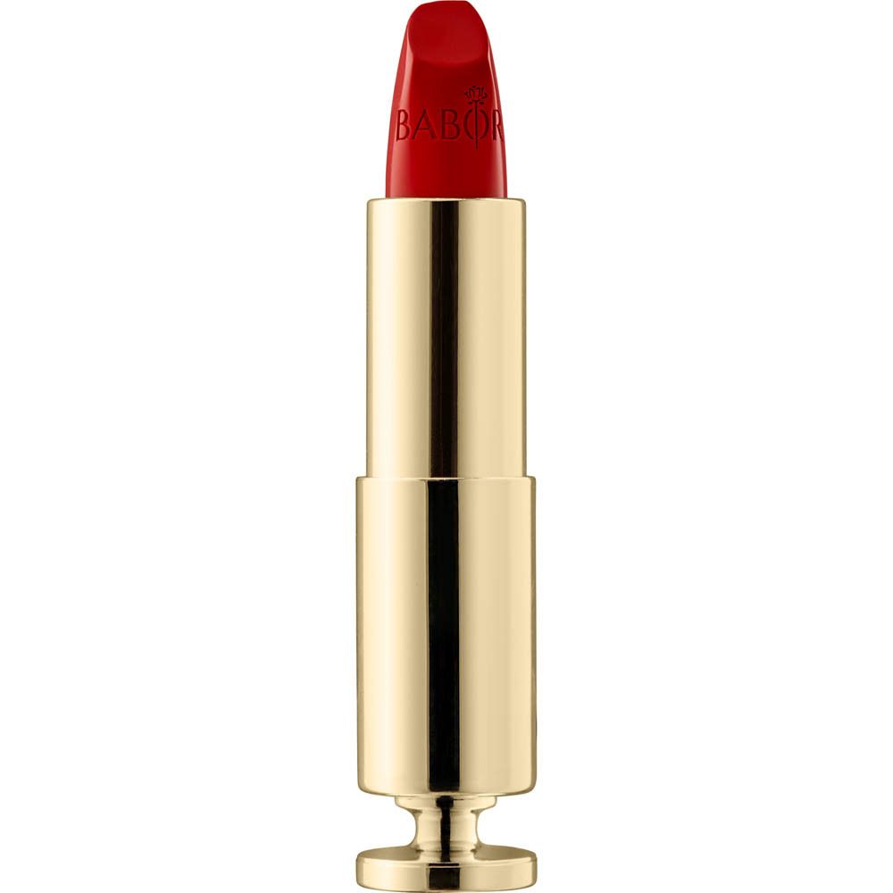 Goldfarbener Lippenstift mit roter Spitze. Der Lippenstift ist geöffnet.