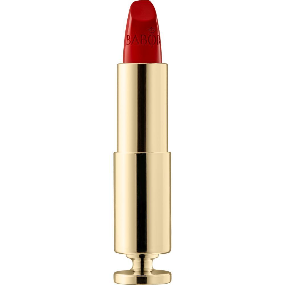 Roter Lippenstift in goldener Hülse. Marke Babor. Geöffnet, Stift sichtbar.