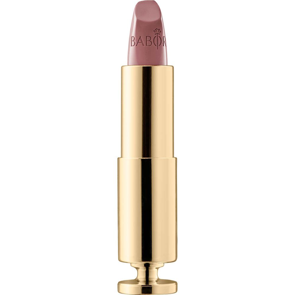 Goldfarbener Lippenstift mit geöffneter Kappe. Sichtbare Lippenstiftfarbe: Mauve. Marke Babor.