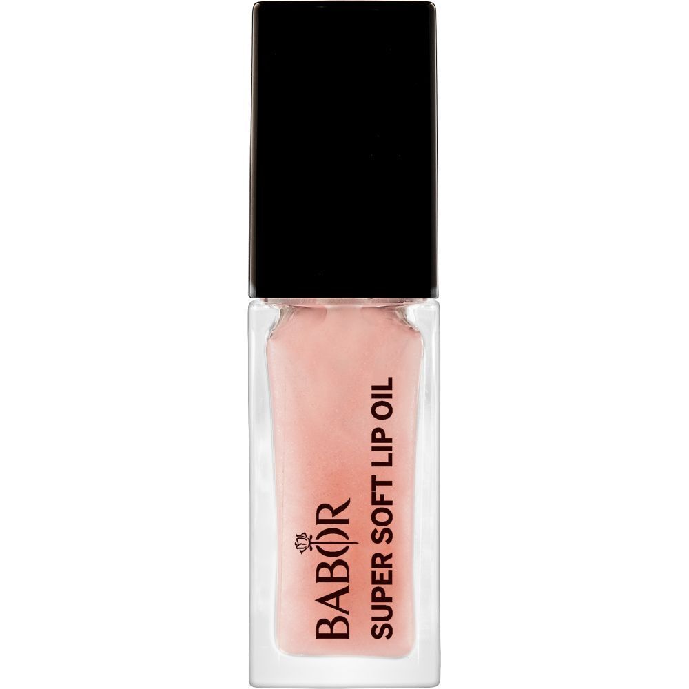 BABOR Super Soft Lippenöl in Perlrosa. Transparente Flasche mit schwarzem Deckel. Produktbeschriftung.