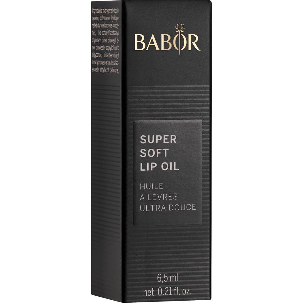 Schwarze Verpackung mit Produktinformationen. Aufschrift: Babor, Super Soft Lip Oil, 6,5 ml.