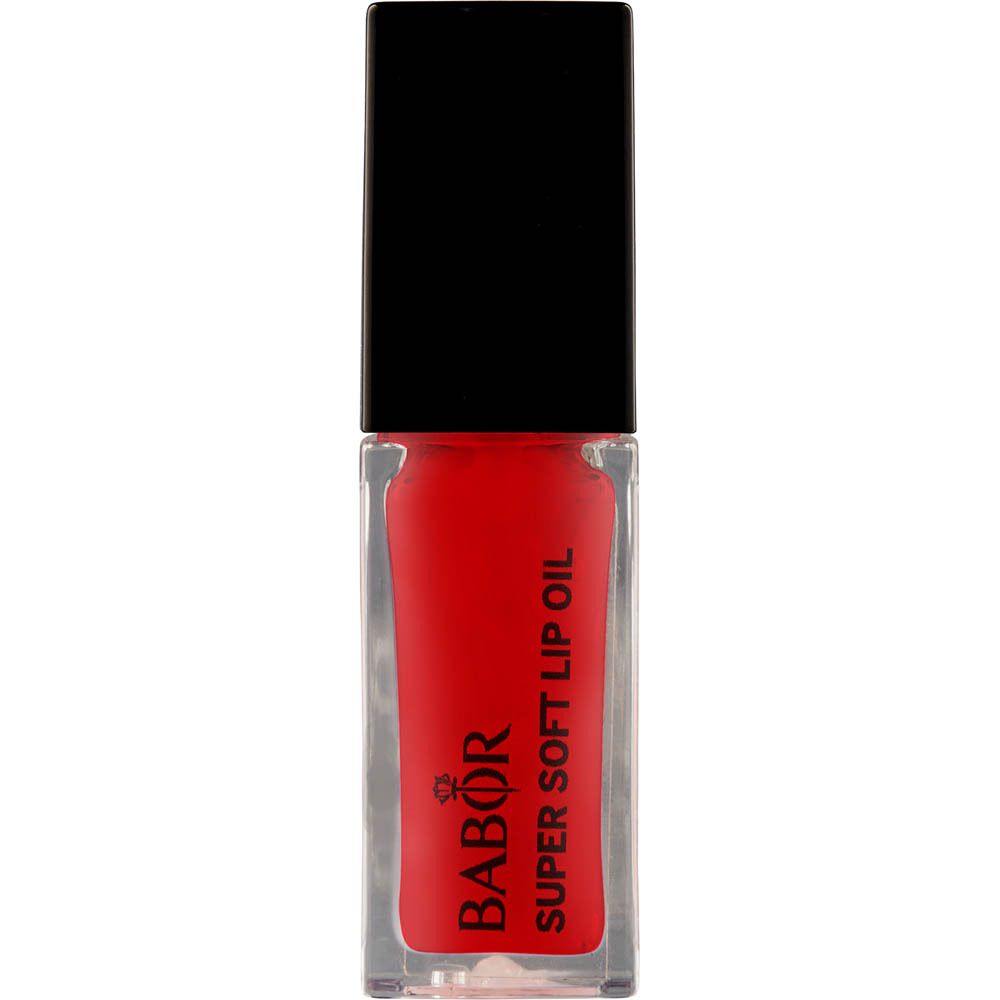 Klarer Lipgloss-Behälter mit roter Flüssigkeit und schwarzem Deckel. Aufschrift: Babor Super Soft Lip Oil.