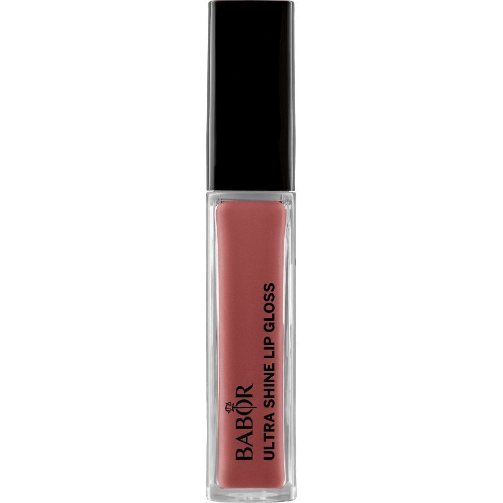 Babor Ultra Shine Lip Gloss. Transparente Hülle, schwarzer Deckel. Rosa Farbton. Text: Ultra Shine Lip Gloss.