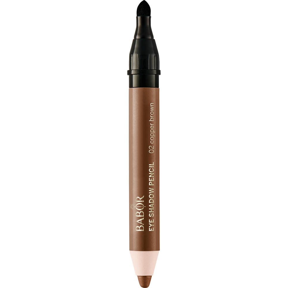 Babor Lidschatten-Stift 02 Kupferbraun. Doppelender, braun und hellbraun. Schwarze Kappe. Text: Eye Shadow Pencil.