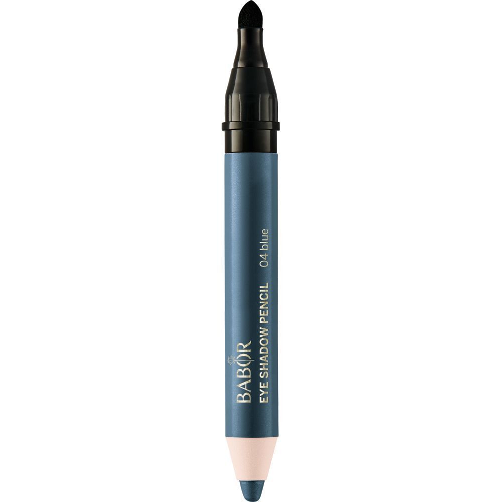 Blauer Lidschattenstift mit schwarzem Deckel und Spitze. Aufschrift: Babor Eye Shadow Pencil 04 blue.