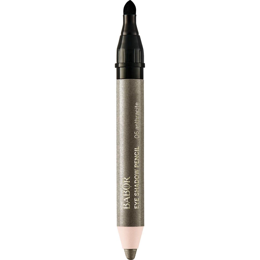 Grauer Lidschattenstift. Schwarze Kappe und Spitze. Aufschrift: Babor Eye Shadow Pencil 06 Anthrazit.