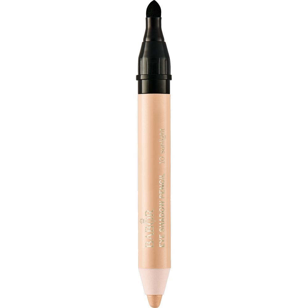 Crayon fard à paupières brun clair, capuchon et pointe noirs. Inscription : Babor Eye Shadow Pencil 10 Sonnenlicht.