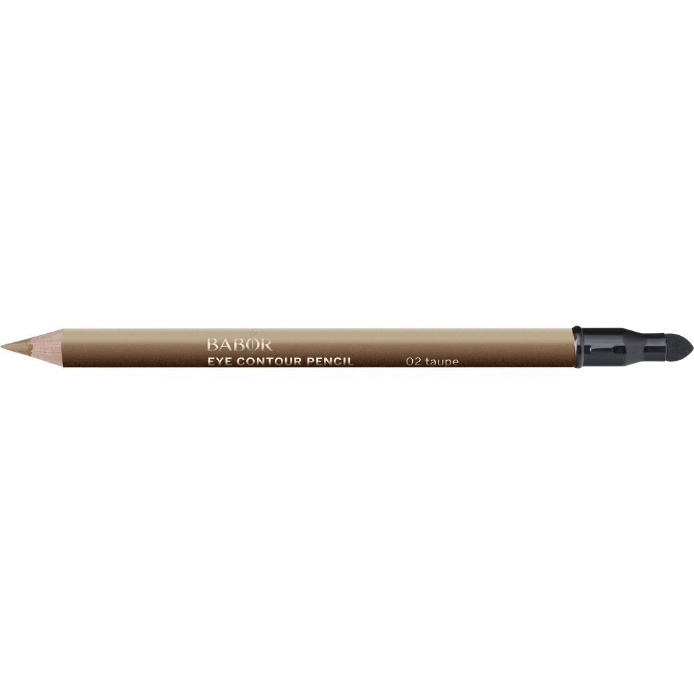 Augenkonturenstift, hellbraun. Aufschrift: Babor, Eye Contour Pencil, 02 taupe. Spitze und schwarzer Verschluss.