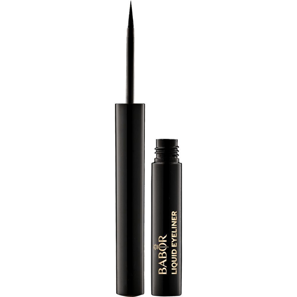 Schwarzer Flüssig-Eyeliner von Babor. Schwarze Hülse mit Applikator. Produktname und Marke sichtbar.