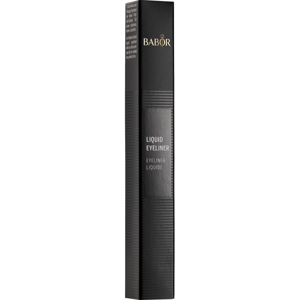 Schwarze Verpackung für Flüssig-Eyeliner. Marke und Produktname sind sichtbar. Schlanke, rechteckige Form.