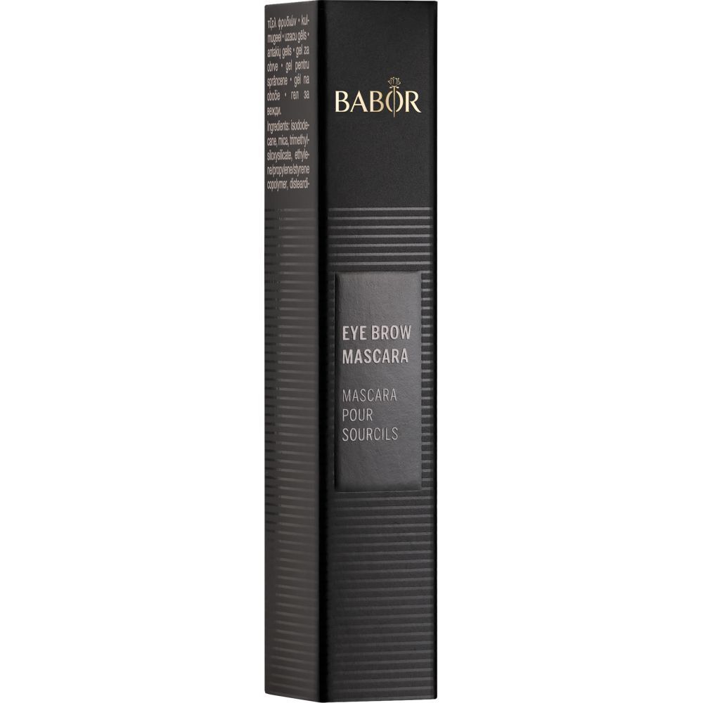 Schwarze Verpackung mit Babor-Logo und Produktbezeichnung: Augenbrauen-Mascara.