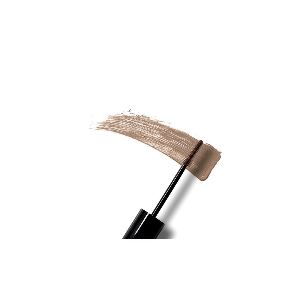 Abstrich von Augenbrauen-Mascara in hellem Farbton. Mascarabürste mit schwarzem Griff.