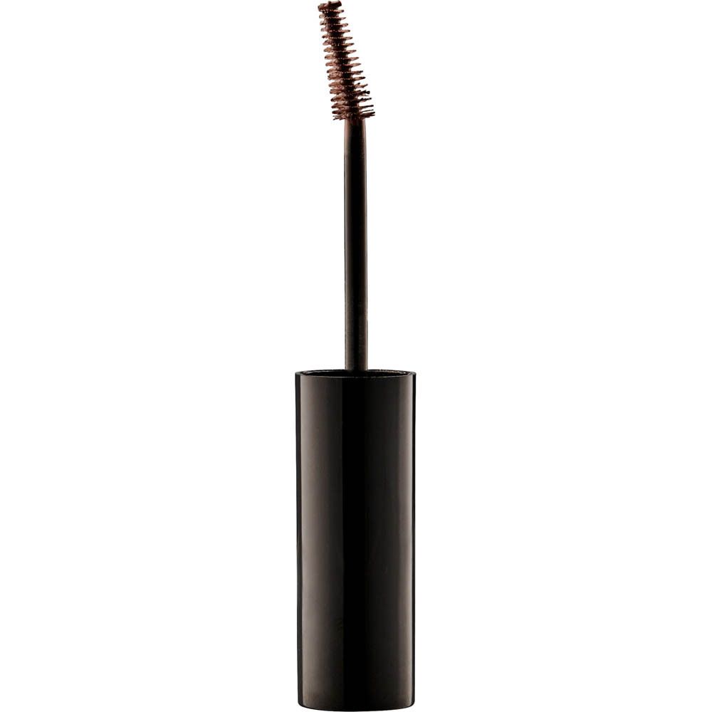 Bürste der Augenbrauen-Mascara. Schwarzer Griff, braune Borsten. Produktname nicht sichtbar.