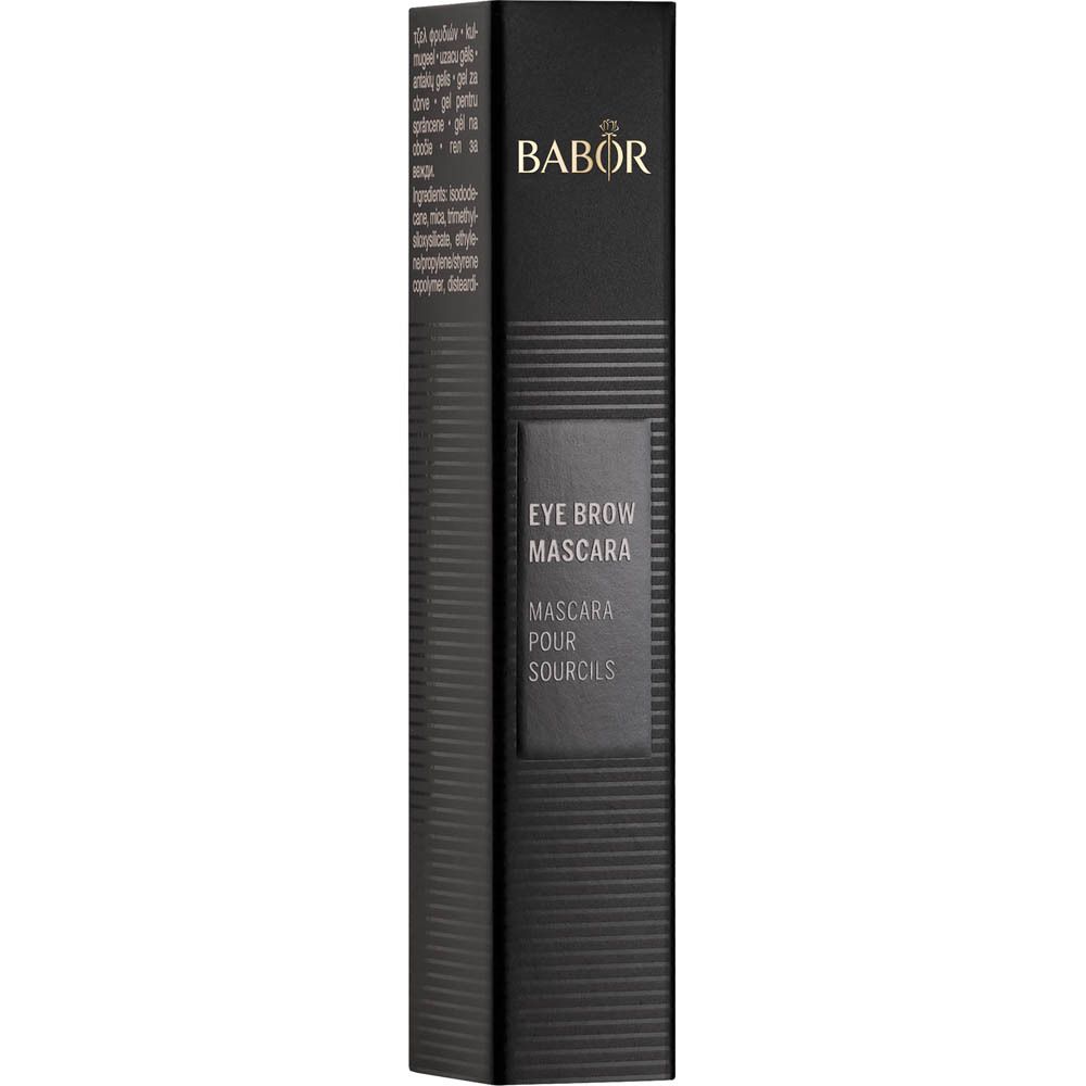 Schwarze Verpackung der Augenbrauen-Mascara. Text: "Eye Brow Mascara" und Logo.