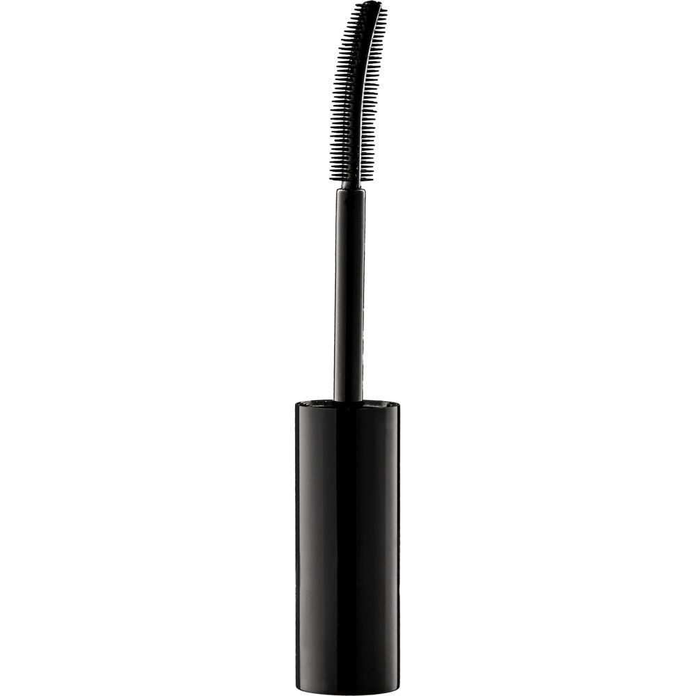 Schwarze Mascara-Bürste mit schwarzem Griff. Borsten sind sichtbar.
