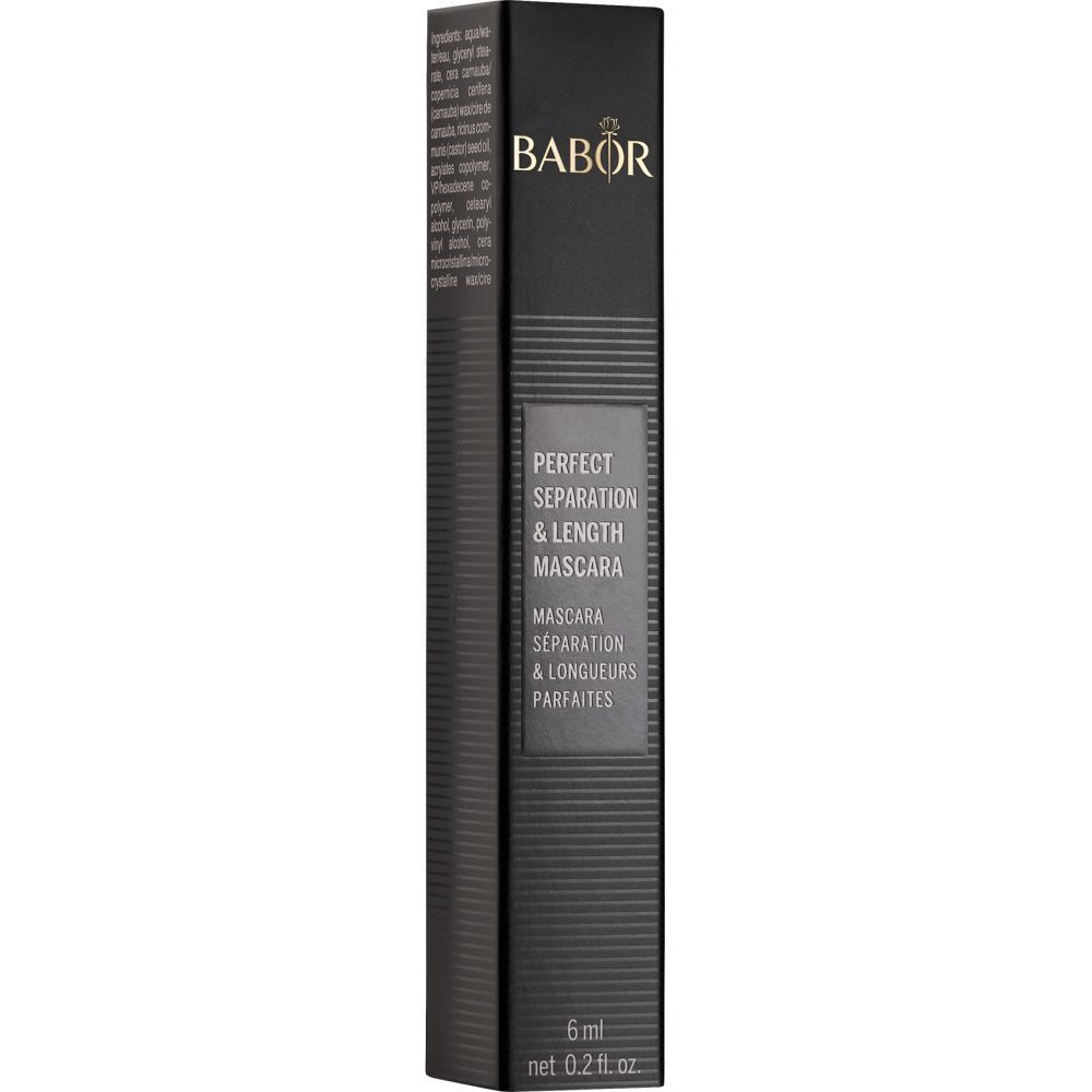 Schwarze Mascara-Verpackung mit weißer Schrift. Marke Babor.