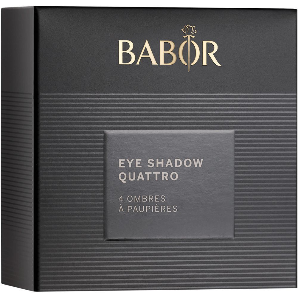 Schwarze Verpackung mit BABOR-Logo und Text: EYE SHADOW QUATTRO, 4 OMBRES À PAUPIÈRES.